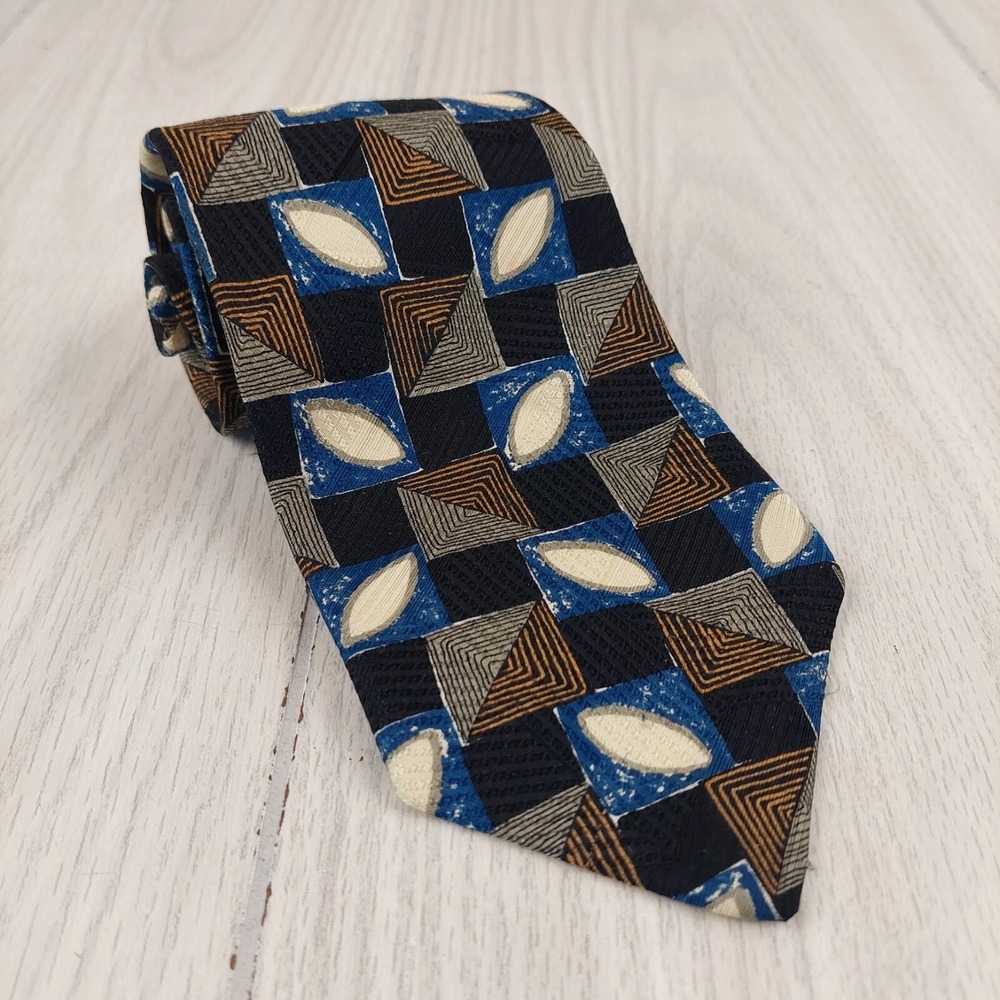 Robert Talbott Studio Tie‎ Mens OS Blue Black Bronze Geometric Abstract Silk